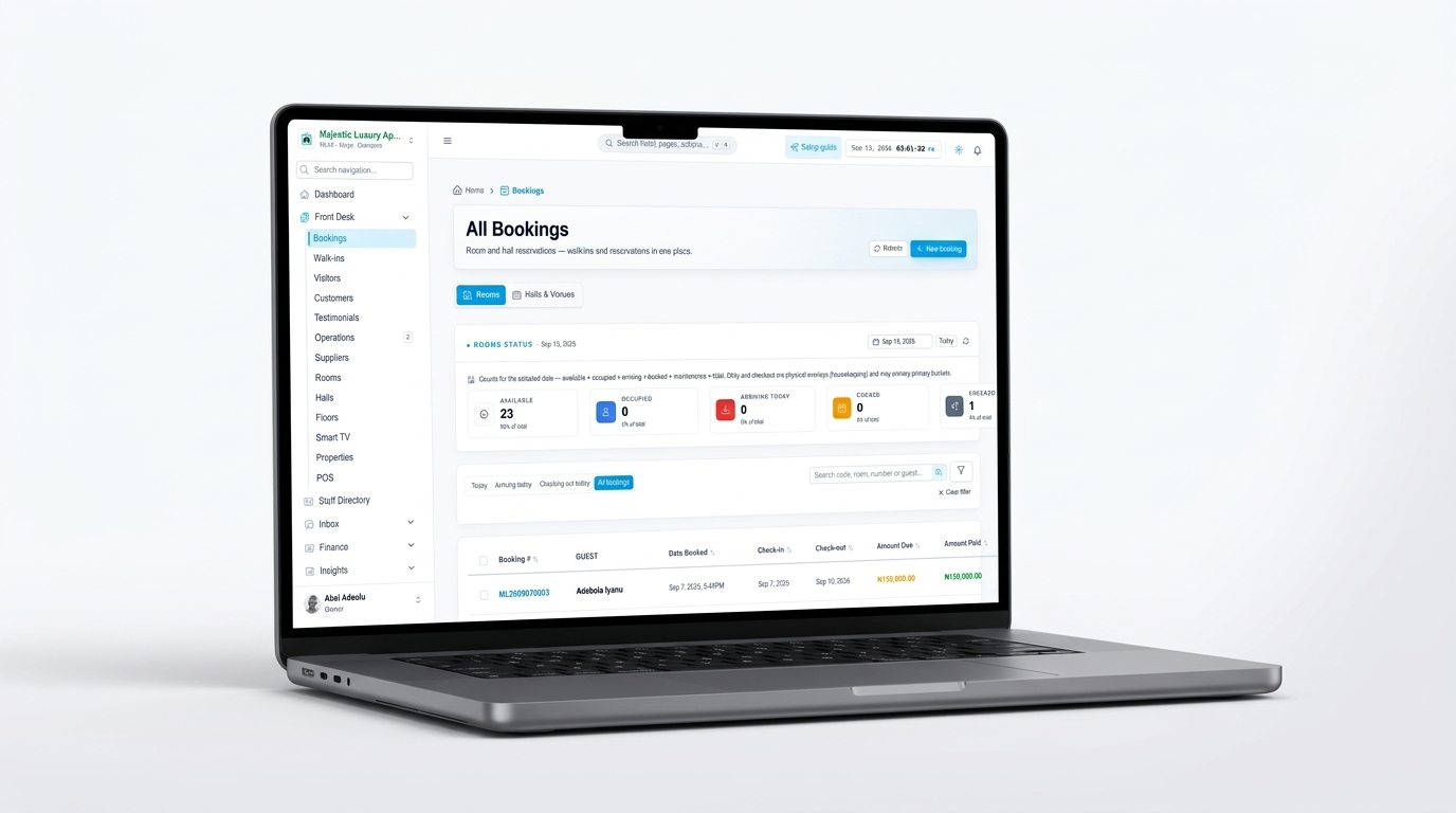 Bookings list — every reservation, direct and OTA, in one list