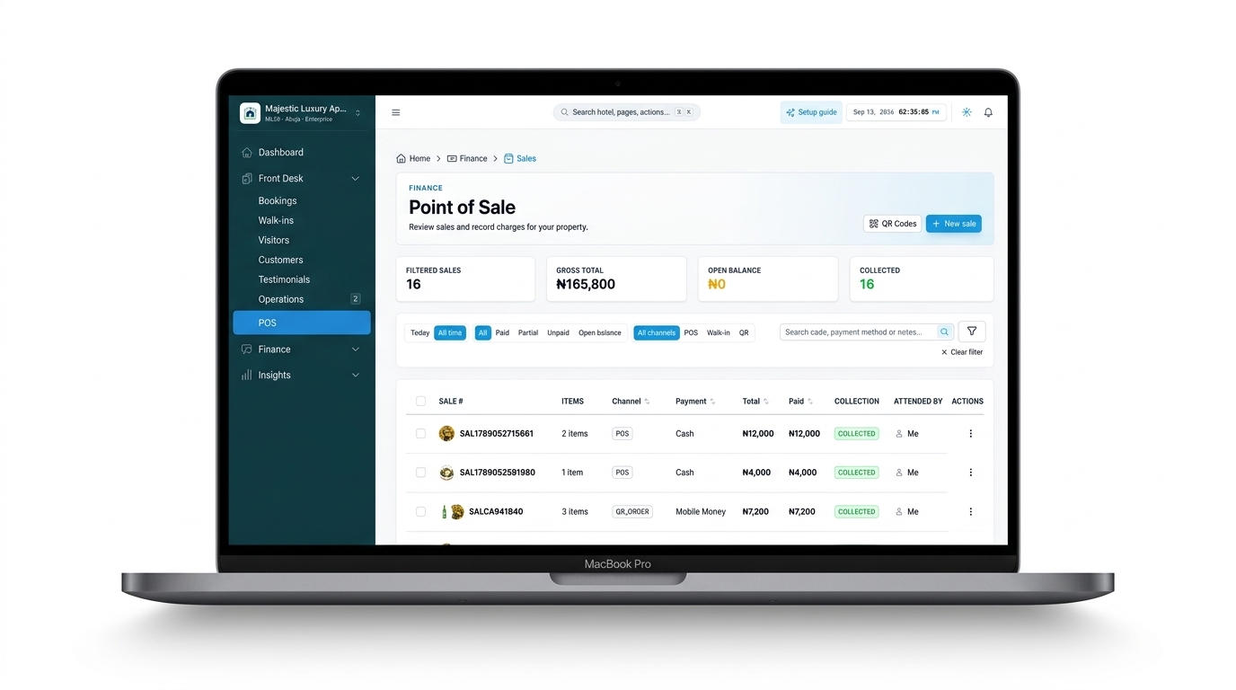 Point of sale — charge food, bar and spa to the room folio